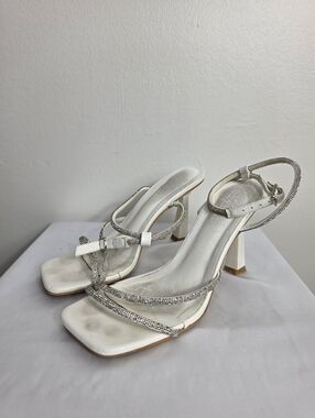 Meshki White Crystal-Strap Block Heels